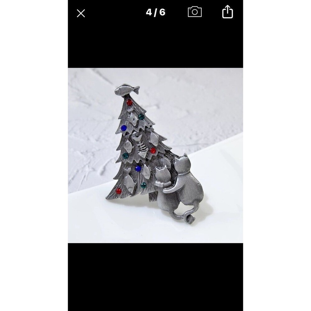 Vintage Pewter Cat Christmas Tree Brooch